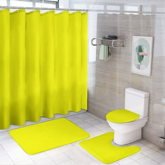 Shower Curtain Set 4 Piece include Shower Curtain and Rugs and Non Slip U Shaped Toilet Rugs Luxury Bathroom Decor Lemon Glacier YELLOW