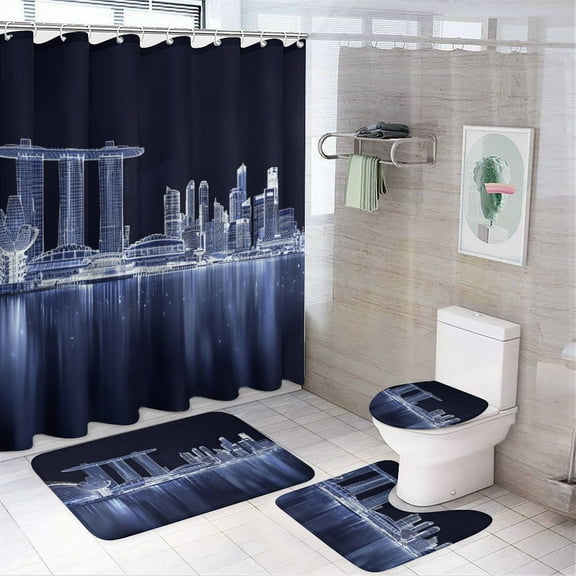 Shower Curtain Set 4 Piece include Shower Curtain and Rugs and Non Slip U Shaped Toilet Rugs Luxury Bathroom Decor Maria Bay Hologram