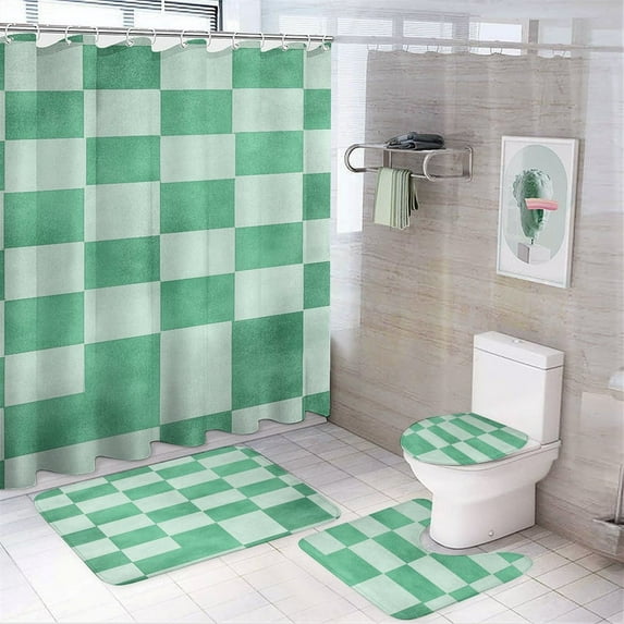 Shower Curtain Set 4 Piece include Shower Curtain and Rugs and Non Slip U Shaped Toilet Rugs Luxury Bathroom Decor Mint Checkerboard