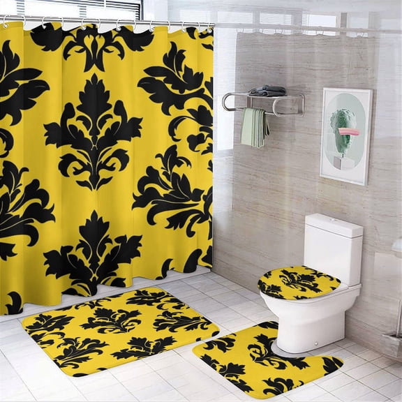 Shower Curtain Set 4 Piece include Shower Curtain and Rugs and Non Slip U Shaped Toilet Rugs Luxury Bathroom Decor Motif Vintage Pattern