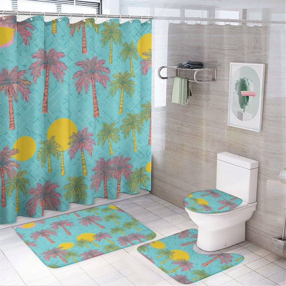 Shower Curtain Set 4 Piece include Shower Curtain and Rugs and Non Slip U Shaped Toilet Rugs Luxury Bathroom Decor Palm Trees And Suns