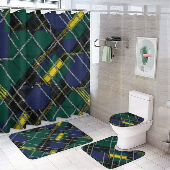 Shower Curtain Set 4 Piece include Shower Curtain and Rugs and Non Slip U Shaped Toilet Rugs Luxury Bathroom Decor Plaid Blue, Green, Yellow