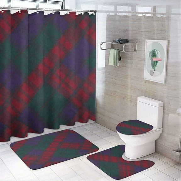 Shower Curtain Set 4 Piece include Shower Curtain and Rugs and Non Slip U Shaped Toilet Rugs Luxury Bathroom Decor Plaid Red Green Purple