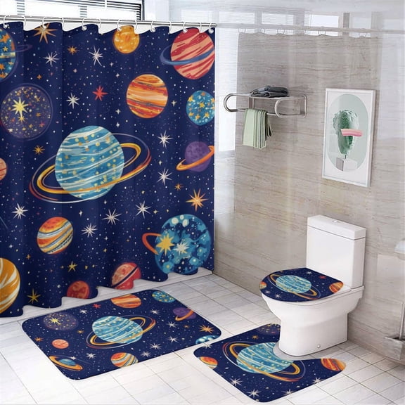 Shower Curtain Set 4 Piece include Shower Curtain and Rugs and Non Slip U Shaped Toilet Rugs Luxury Bathroom Decor Planets