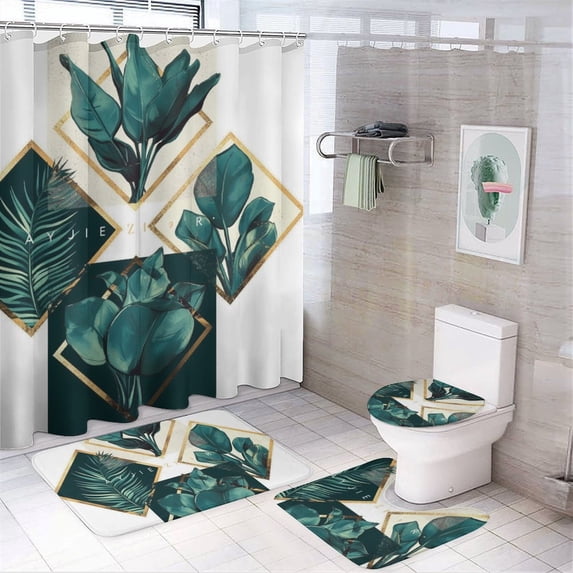 Shower Curtain Set 4 Piece include Shower Curtain and Rugs and Non Slip U Shaped Toilet Rugs Luxury Bathroom Decor Plant Geometry