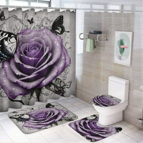 Shower Curtain Set 4 Piece include Shower Curtain and Rugs and Non Slip U Shaped Toilet Rugs Luxury Bathroom Decor Purple Rose Butterflies