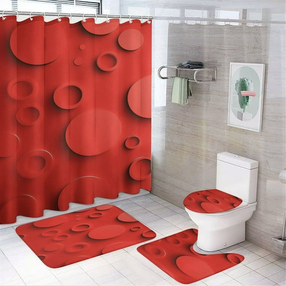 Shower Curtain Set 4 Piece include Shower Curtain and Rugs and Non Slip U Shaped Toilet Rugs Luxury Bathroom Decor Red Bubble