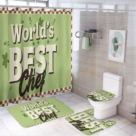 Shower Curtain Set 4 Piece include Shower Curtain and Rugs and Non Slip U Shaped Toilet Rugs Luxury Bathroom Decor Retro 1950s 'World's Best Chef'