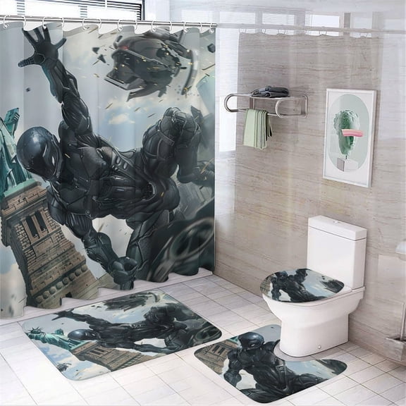 Shower Curtain Set 4 Piece include Shower Curtain and Rugs and Non Slip U Shaped Toilet Rugs Luxury Bathroom Decor Robot