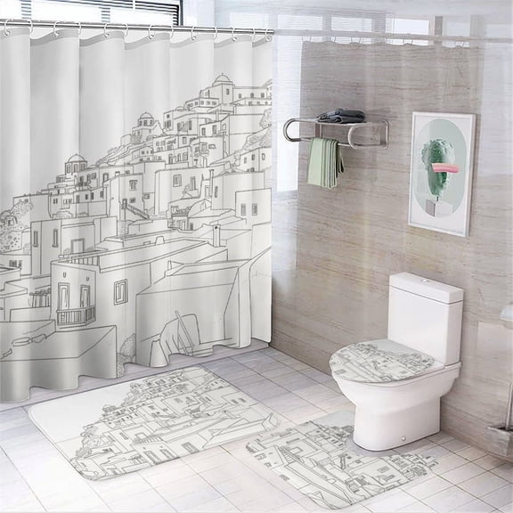 Shower Curtain Set 4 Piece include Shower Curtain and Rugs and Non Slip U Shaped Toilet Rugs Luxury Bathroom Decor Santorini Black & White Greece