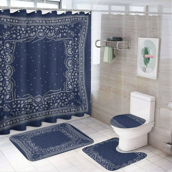 Shower Curtain Set 4 Piece include Shower Curtain and Rugs and Non Slip U Shaped Toilet Rugs Luxury Bathroom Decor Square Bandana