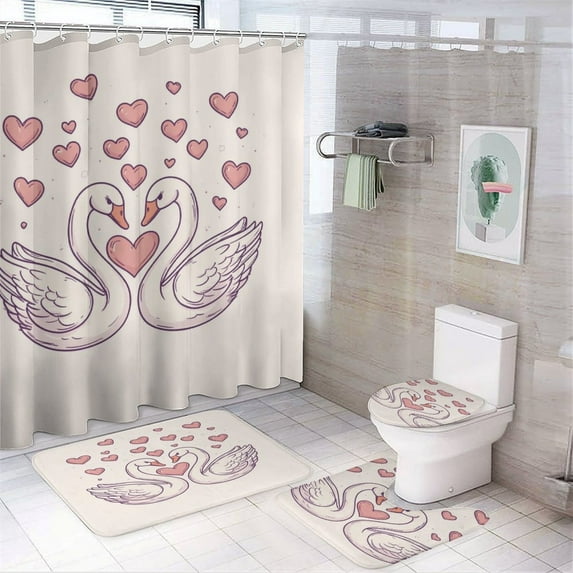Shower Curtain Set 4 Piece include Shower Curtain and Rugs and Non Slip U Shaped Toilet Rugs Luxury Bathroom Decor Swan Love Valentines