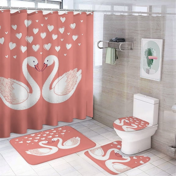 Shower Curtain Set 4 Piece include Shower Curtain and Rugs and Non Slip U Shaped Toilet Rugs Luxury Bathroom Decor Swan Love Valentines
