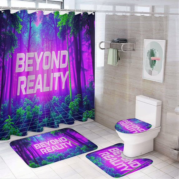 Shower Curtain Set 4 Piece include Shower Curtain and Rugs and Non Slip U Shaped Toilet Rugs Luxury Bathroom Decor Virtual Forest Neon Cyber