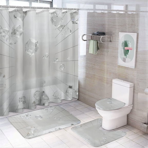 Shower Curtain Set 4 Piece include Shower Curtain and Rugs and Non Slip U Shaped Toilet Rugs Luxury Bathroom Decor White Diamonds