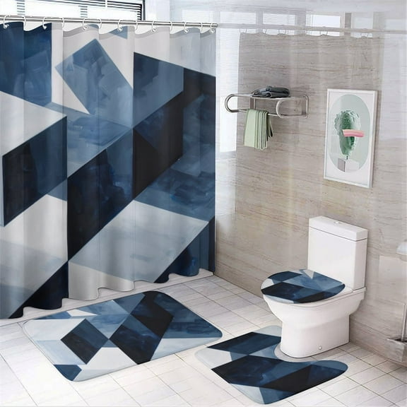 Shower Curtain Set 4 Piece include Shower Curtain and Rugs and Non Slip U Shaped Toilet Rugs Luxury Bathroom Decor White Navy Cubes