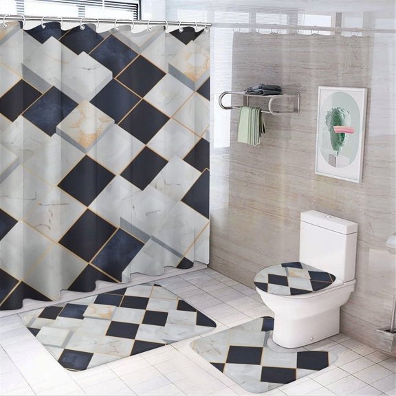 Shower Curtain Set 4 Piece include Shower Curtain and Rugs and Non Slip U Shaped Toilet Rugs Luxury Bathroom Decor White Navy Cubes