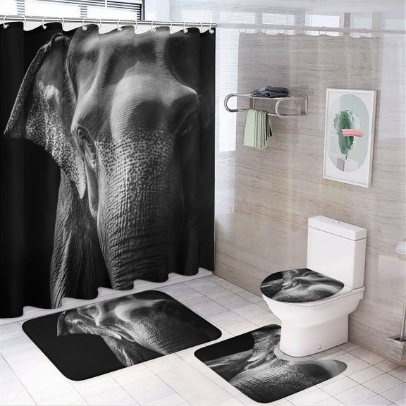 Shower Curtain Set 4 Piece include Shower Curtain and Rugs and Non Slip U Shaped Toilet Rugs Luxury Bathroom Decor Wild Big Elephant