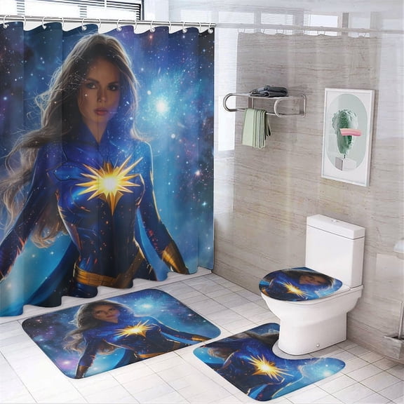 Shower Curtain Set 4 Piece include Shower Curtain and Rugs and Non Slip U Shaped Toilet Rugs Luxury Bathroom Decor Woman Superhero