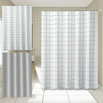 Shower Curtain Set with 8 Hooks | Thick Waterproof Plastic Partition Curtain | Grid Pattern | No Drilling Needed | White Gray | 70.8x31.4in | Easy Install | Durable | Home Hotel