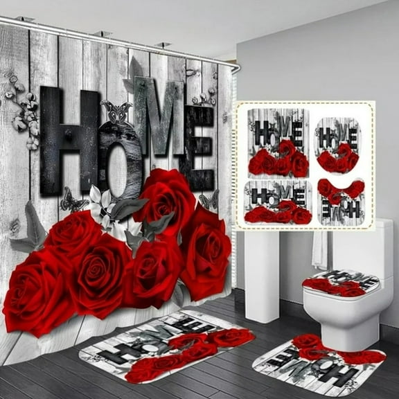 Shower Curtain Set Bathroom Set With Shower Curtain And Rug/ 4 Piece Rose Bathroom Set Shower Curtain With Non Slip Carpet And Mat Creating A Dreamy Bathroom