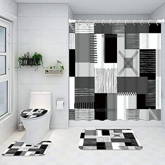 Shower Curtain Set Bathroom Set With Shower Curtain And Carpet Black C Four Pieces Beddings Colro:Black Material:Cloth