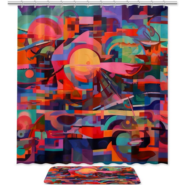 Shower Curtain Set,Bathroom Shower Curtain Sets with Rugs,Abstract