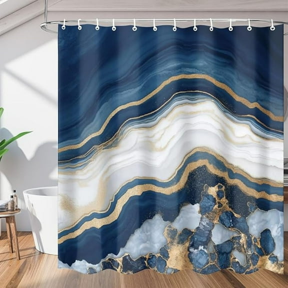 Shower Curtain Set, Blue Gold Marble Shower Curtains For Bathroom Decor, Waterproof Fabric Bath Curtain With Grommets And Hooks 48"W x 72"L