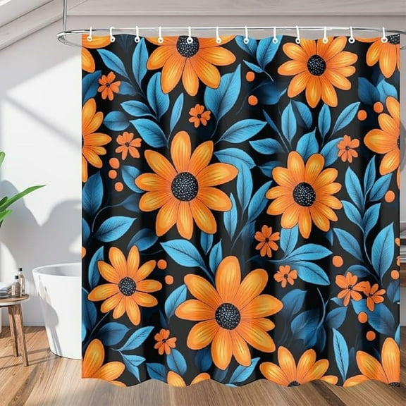 Shower Curtain Set, Blue Orange Flowers Shower Curtains For Bathroom Decor, Waterproof Fabric Bath Curtain With Grommets And Hooks 36"W x 72"L