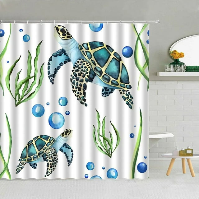 Shower Curtain Set Color Sea Turtle Underwater World Polyester Fabric