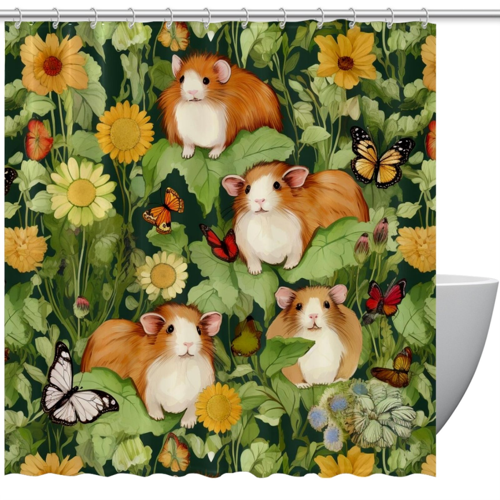 Shower Curtain Set,Farmhouse Shower Curtains for Bathroom,72x72 in,Floral Plant Guinea Pigs