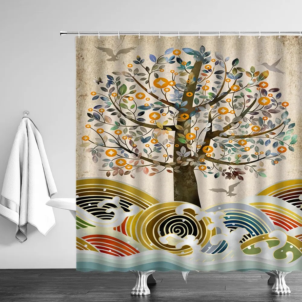 Shower Curtain Set Natural Landscape Flowers Trees Ocean Waves