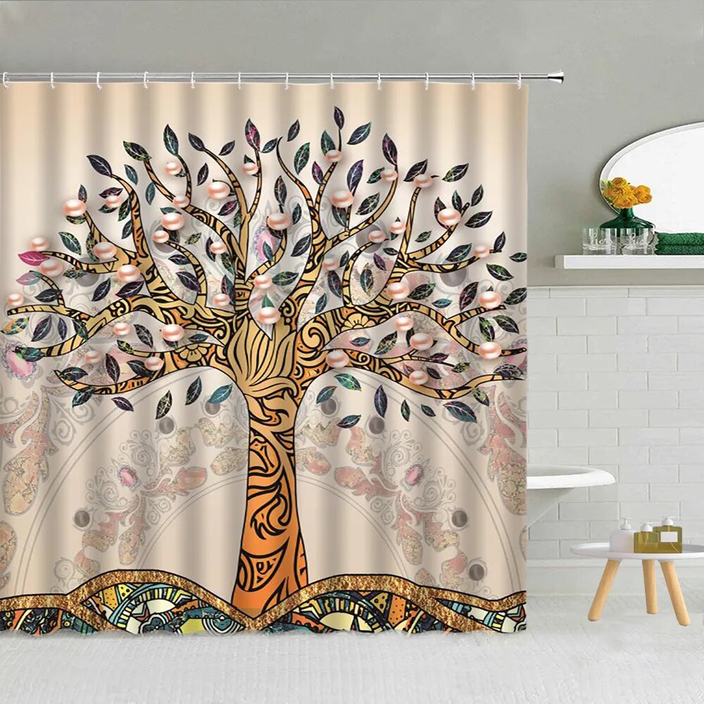 Shower Curtain Set Natural Landscape Flowers Trees Ocean Waves
