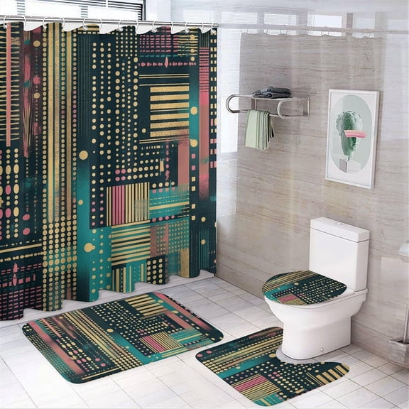 Shower Curtain Set Peach Striped Pattern Bathroom 4 Set with Non-Slip Rugs Toilet Lid Cover and Bath Mat Waterproof Bath Accessories for Bathroom Decor Set 72" X 72"