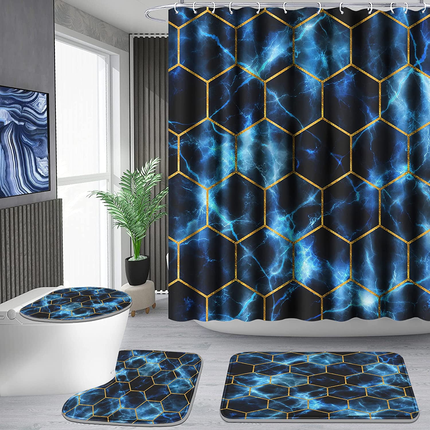 Shower Curtain Set with Rugs,Bathroom Accessory Set, Including Non-Slip ...