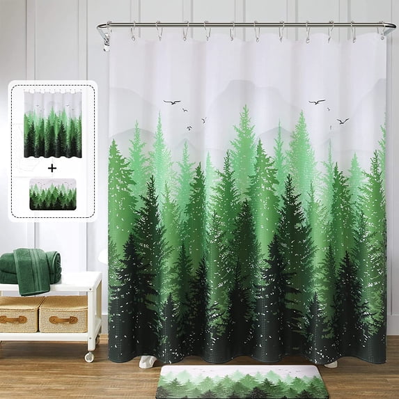 Shower Curtain Set with Rugs for Bathroom Shower Curtain Mountain Forest Shower Cutains Water Repellent Non-Slip 24x16 inch Bath Mat Bathroom Shower Curtain Set, 72x72, Spring Green