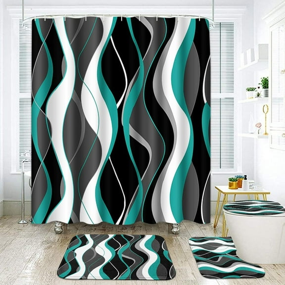 Shower Curtain Set with Rugs,Green White Black Gray Abstract Modern Bathroom Set with Non-Slip Rugs Toilet Lid Cover and Bath Mat Bathroom Decor Set (4 Pcs)