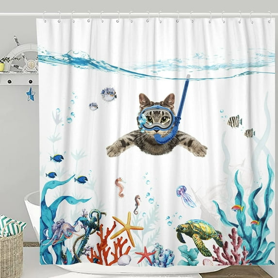Shower Curtain Set Teal Blue Sea Ocean Waterproof Fabric Funny Cat Shower Curtains Bathroom Curtain Decor (Blue, 72"× 72")