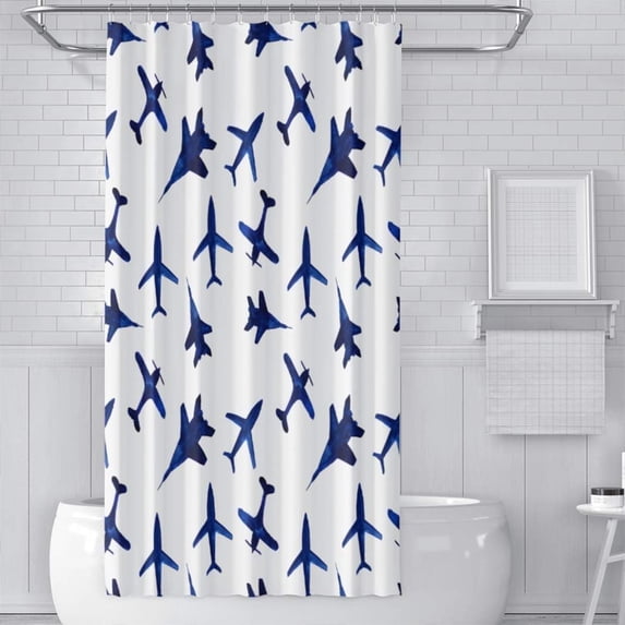 Shower Curtain Set Watercolor Blue Airplanes Home Decoration Bathroom Accessories Bath Shower Curtains Liner with 12 Hooks for Kids Bathroom