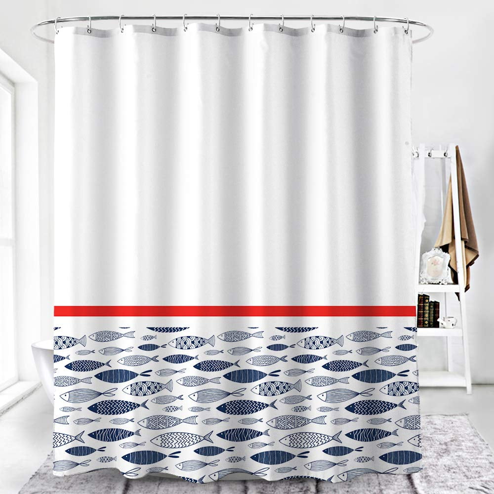 Shower Curtain Set with 12 Hooks Waterproof White Fabric, 70"x70" - Fish