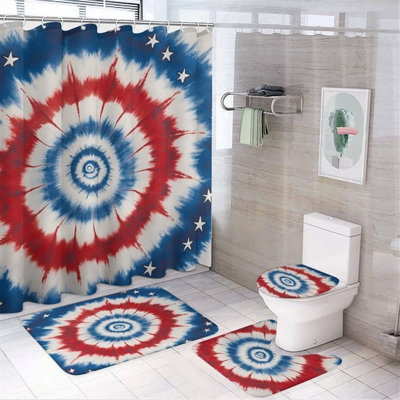 Shower Curtain Sets 4 Piece American Red, White, And Blue Tie-dye Design Bath Mat U-Shaped Floor Mat Toilet Lid Oval Rug Colorful Psychedelic Tie Dye Design Abstract Pattern Shower Curtains Sets