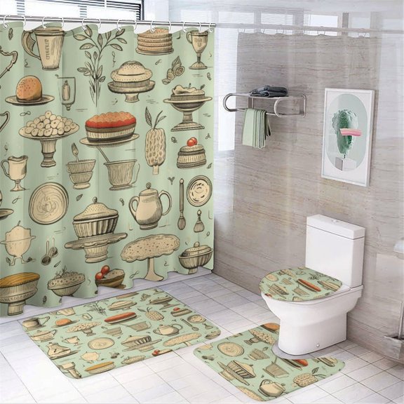 Shower Curtain Sets 4 Piece Bakery Cooking Utensils Bathroom Sets with Curtain Rug Toilet Cover And U Shaped Mat Love Baking 12 Hooks for Bathroom Decor 72inch X 72inch