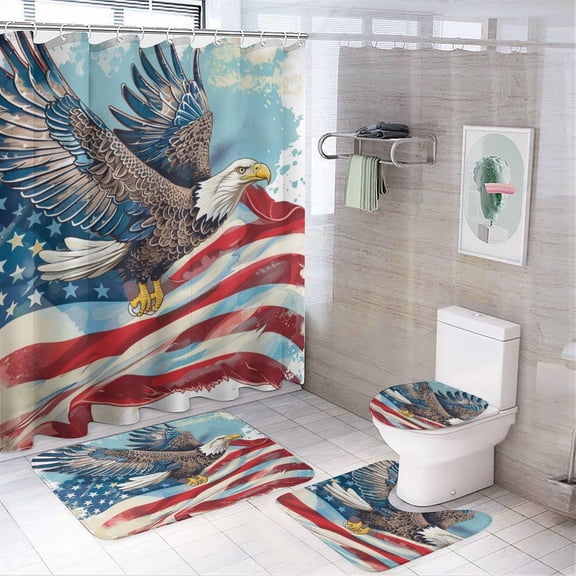 Shower Curtain Sets 4 Piece Bald Eagle American Flag with Rugs Include Waterproof Shower Curtain Non-Slip Rug Toilet Lid Cover Bath Mat Patriotic Memorial Day Bathroom Shower Curtains Sets