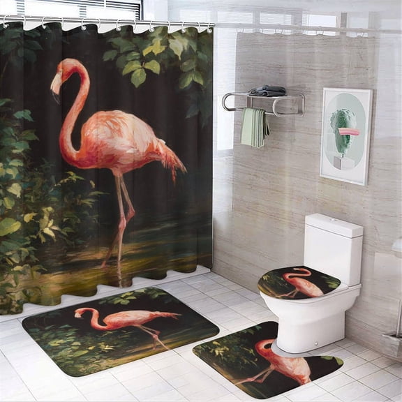 Shower Curtain Sets 4 Piece Bathroom Sets with Shower Curtain And Rugs 4 Piece Flamingo in The Jungle Waterproof Shower Curtain Tropical Floral for Bathroom Decor Set