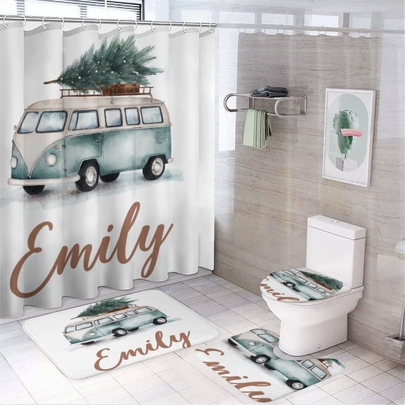 Shower Curtain Sets 4 Piece Bathroom Sets with Shower Curtain And Rugs 4 Piece Personalised Christmas Tree Bus Waterproof Durable Bathroom Decor Shower Personalized Gifts for Bathroom Decor Set