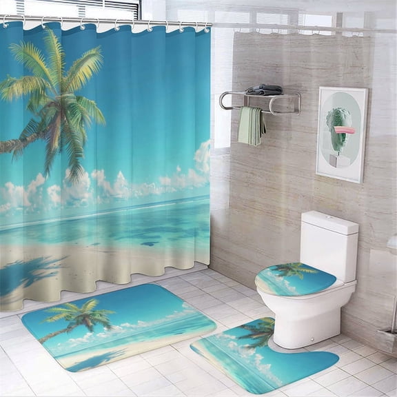 Shower Curtain Sets 4 Piece Beautiful Palm Tree with Non-Slip Rugs, Toilet Lid Cover and Bath Mat Summer Autumn Palm Tree on The Beach Sea Ocean Tropical Sunset Bathroom Accessories Set Decor with