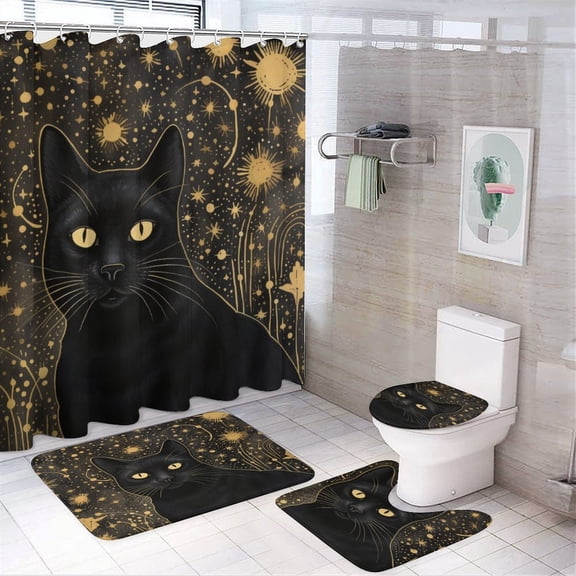 Shower Curtain Sets 4 Piece Black Cats with Golden Stars Non-Slip Rugs And Toilet Mat Lid Rug Accessories Halloween Fall Decor Bathroom Decor Sets for Bathtub Decor 72inch X 72inch