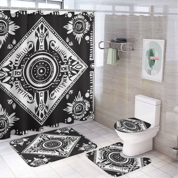 Shower Curtain Sets 4 Piece Black And White Vector Illustration Bathroom Shower Curtain Set with Rugs Graphic Black And White Art Farmhouse Bathroom Shower Set for Bathroom Decor 72inch X 72inch