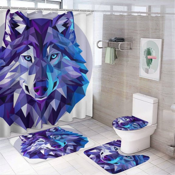 Shower Curtain Sets 4 Piece Blue And Purple Geometric Wolf Rug Toilet Lid Cover And Non-Slip U Shape Mat Wolf Animals Art Farmhouse Bathroom Shower Set for Bathroom Decor Set 72inch X 72inch
