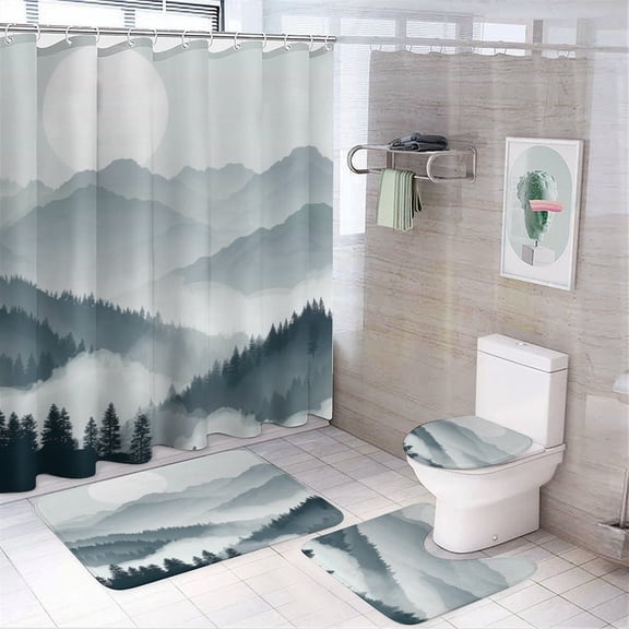 Shower Curtain Sets 4 Piece Foggy Forest Landscape with Pine Trees And Mountains Bathroom Decor Set with Non-Slip Rugs Toilet Lid Cover And Bath Mat Nature Misty Farmhouse Bathroom Shower Set